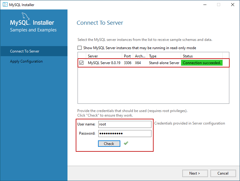 Connect to the server to install the sample database