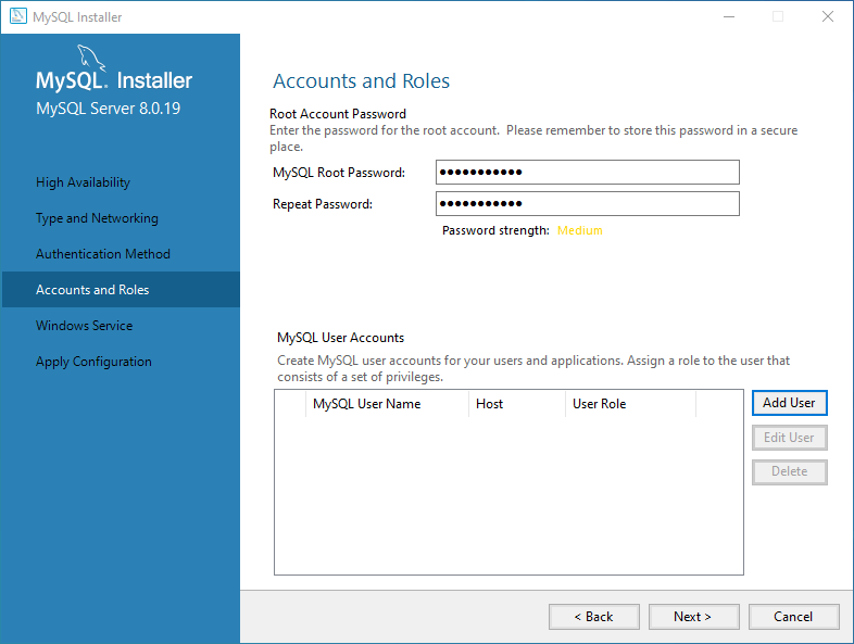 Specify root password and create MySQL user account