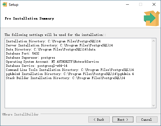PostgreSQL Setup - Pre-Installation Summary